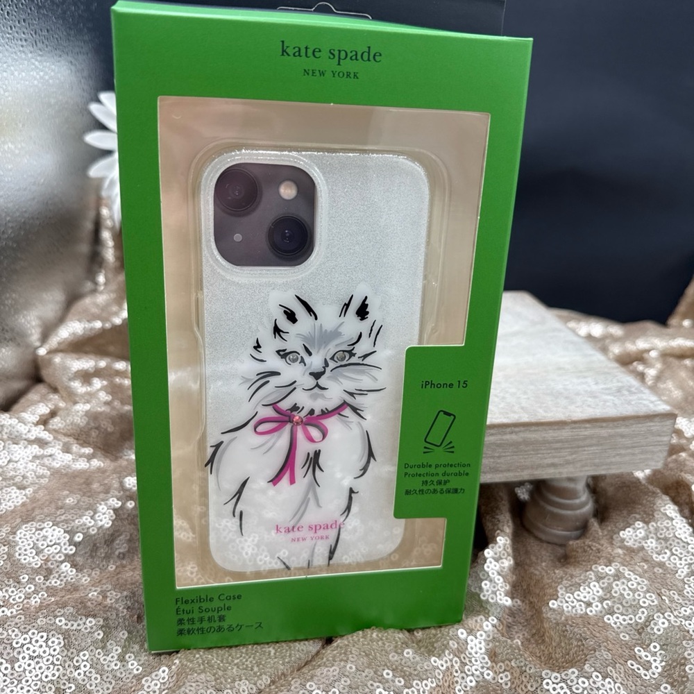 Kate Spade Whiskers Kitty Glitter iPhone 15 Case